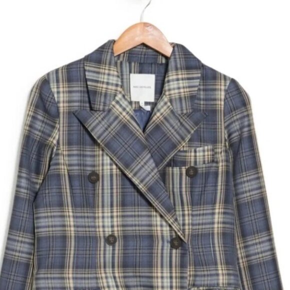 AVEC LES FILLES Double Breasted Plaid Duster Trench Coat In Blue/ Peach Plaid - Picture 4 of 7